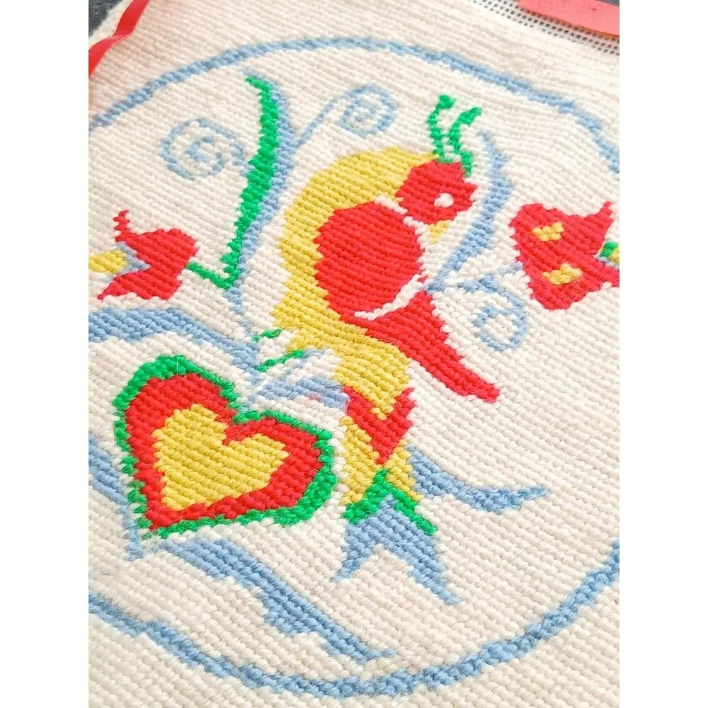 Hand-Embroidered Bird & Flower Cloth 10.25"x9.75" Unframed Textile - Picture 4 of 6